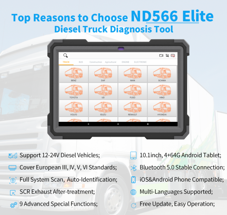 Humzor NexzDAS ND566 E Lite Heavy Duty Truck Full System Diagnostic Scanner For 12-24V Diesel Vehicles OBD2 Tools
