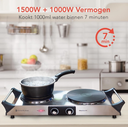 Plaque de cuisson électrique KitchenBrothers - 2 foyers - 2500W - Acier inoxydable